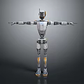 3D Rendered Robot With Silver Orange Design And Extended Arms Legs On Grey Background