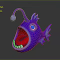 Purple Cartoon Fish with Big Blue Eyes Open Mouth Red Tongue White Teeth Curved Antenna