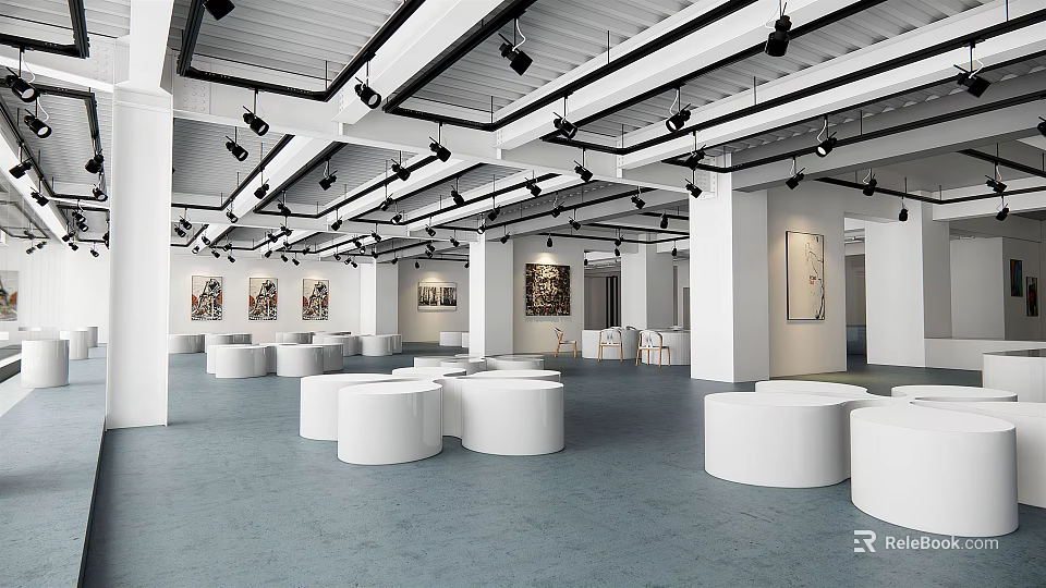 Exhibition Hall Interior With White Circular Platforms Black Spotlights And Wall Art On Blue Flooring 3d model 