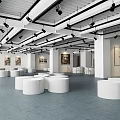 Exhibition Hall Interior With White Circular Platforms Black Spotlights And Wall Art On Blue Flooring