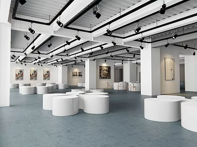 Exhibition Hall Interior With White Circular Platforms Black Spotlights And Wall Art On Blue Flooring 3d model
