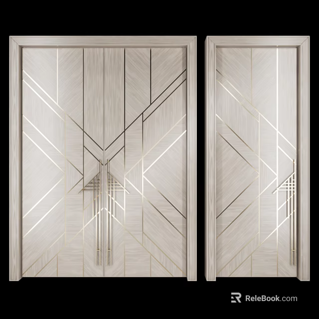 Modern Double Doors Interior Design With Gold Geometric Lines And Wooden Panels 3d model 