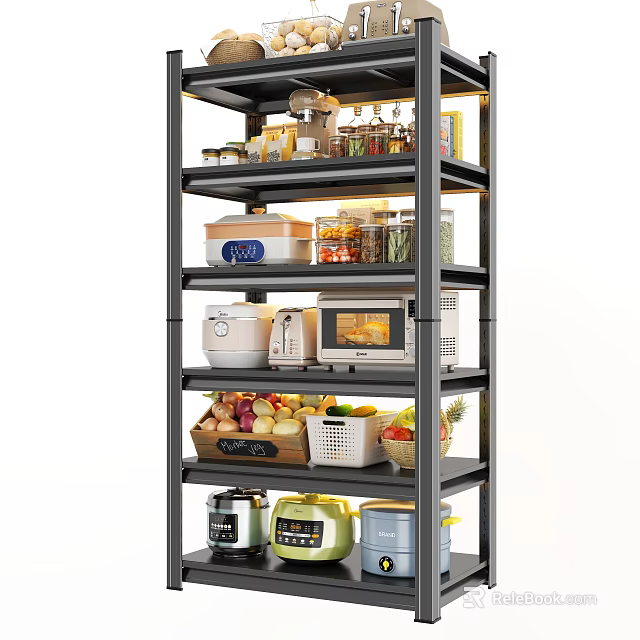 Multi Tier Kitchen Shelf With Kitchenware Small Appliances And Food Containers 3d model