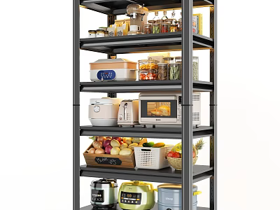 Multi Tier Kitchen Shelf With Kitchenware Small Appliances And Food Containers 3d model