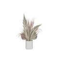 White Striped Ceramic Vase With Brown Green Feathery Decorative Plants Arrangement