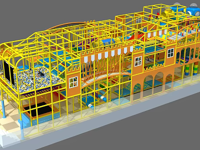 Indoor Playground With Multi Level Structure Yellow Metal Frame Slides Climbing Facilities And Ball Pit 3d model