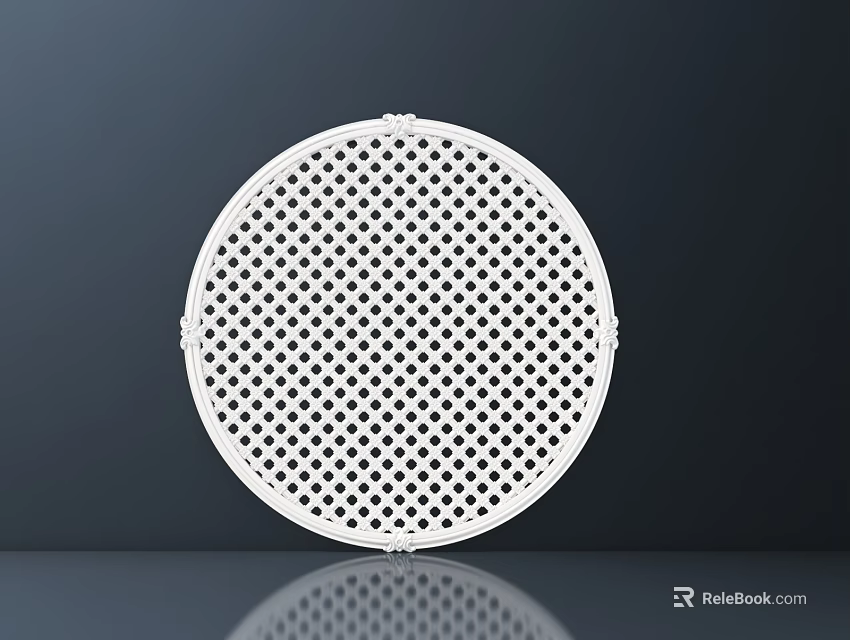 White Circular Lattice Window with Dense Small Holes Decorative Edge Details Dark Background and Reflection 3d model 