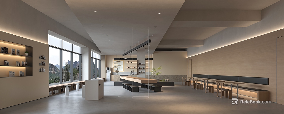 Modern Café Interior With Long Wooden Tables Large Windows And Cozy Seating Areas 3d model 