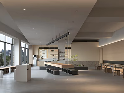 Modern Café Interior With Long Wooden Tables Large Windows And Cozy Seating Areas 3d model