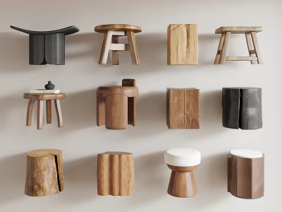 Various Wooden Stools with Unique Designs and Different Shapes for Home Decor 3d model