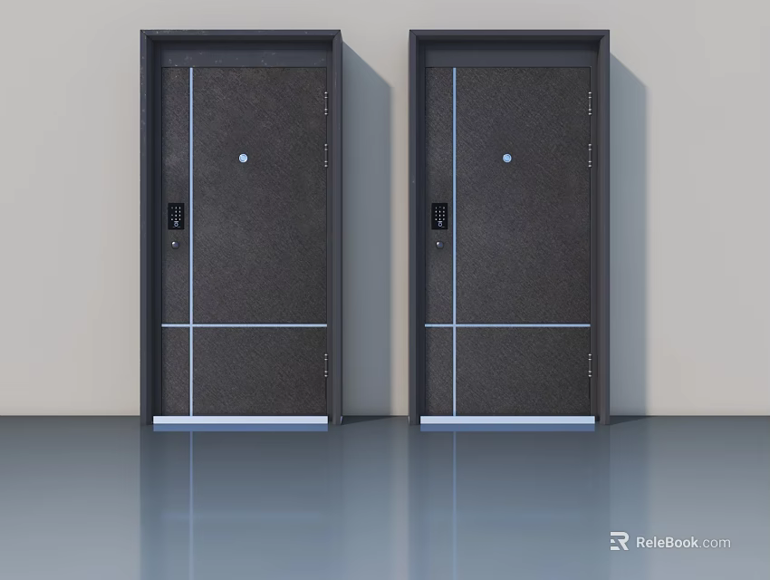 Modern Dark Swing Doors With Metal Frames And Handles In Minimalist Space 3d model