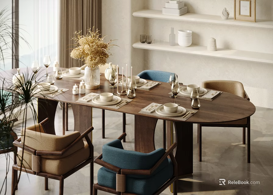 Wooden Dining Table Set With Blue Beige Chairs Tableware Candles Dried Flowers And Shelf Decor 3d model 