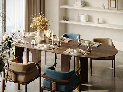Wooden Dining Table Set With Blue Beige Chairs Tableware Candles Dried Flowers And Shelf Decor 3d model