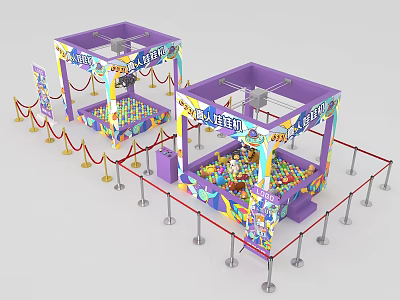 Purple Amusement Claw Machines With Red Ropes Stanchions And Colorful Decorations 3d model
