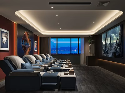 Luxury SPA Sauna Interior With Comfortable Recliners And City Mountain View 3d model