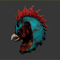 Mythical Creature Head Design With Turquoise Red Spiked Crest Large Ears And Beak