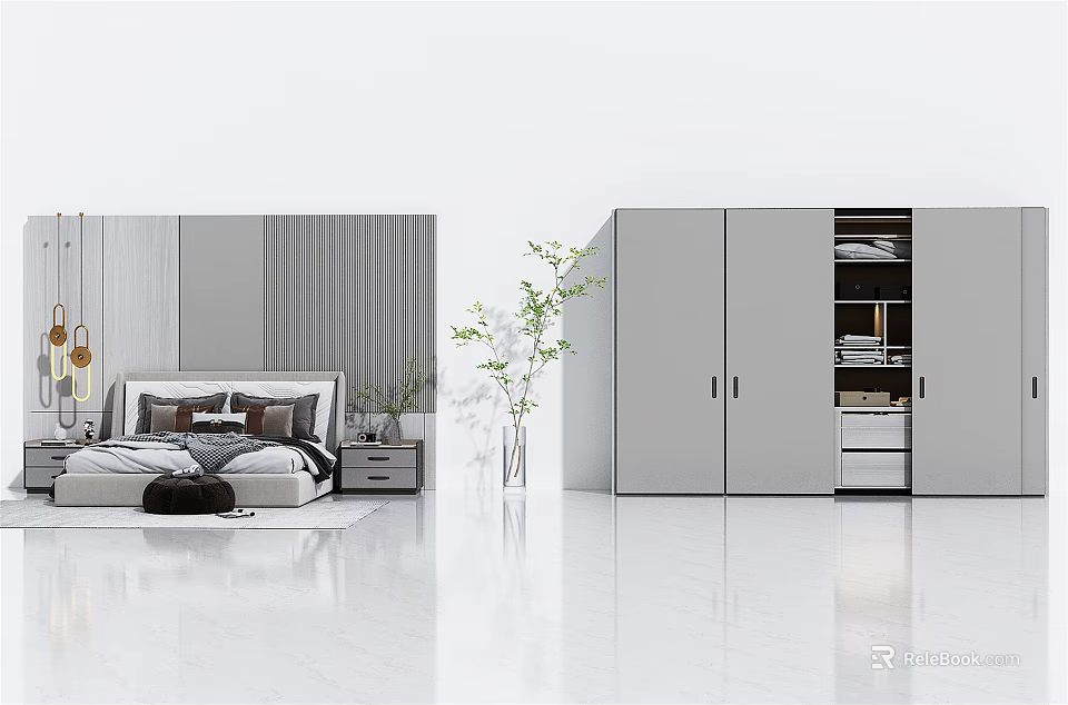 Modern Minimalist Bedroom Interior With Double Bed Wardrobe Plant And Nightstand 3d model 