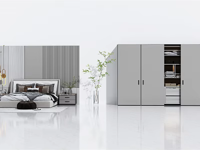 Modern Minimalist Bedroom Interior With Double Bed Wardrobe Plant And Nightstand 3d model