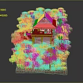 Cartoon Scene of Red Roof House Surrounded by Lush Green Trees and Wooden Platform