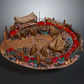Ancient Campsite Scene Featuring Circular Fence Canvas Tents Dirt Ground and Decorative Elements Around