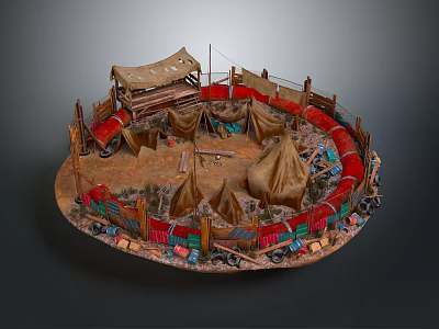 Ancient Campsite Scene Featuring Circular Fence Canvas Tents Dirt Ground and Decorative Elements Around 3d model
