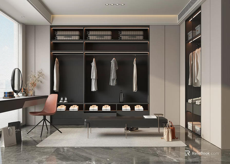 Modern Closet Design With Dressing Table And Storage 3d model