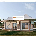 Modern Outdoor Tent With Wooden Structure And Large Windows In Grassland