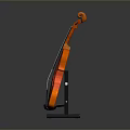 Orange Violin Placed On Black Stand With Grey Background And Reflection