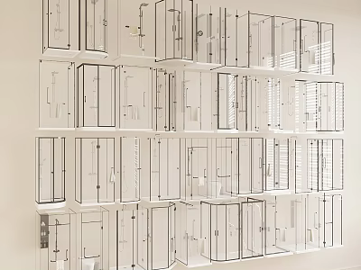 Shower Head Components in Transparent Boxes Neatly Arranged on White Shelves 3d model