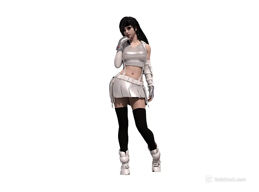 Long Black Haired Woman Wearing White Crop Top Mini Skirt Black Stockings And White Boots 3d model 