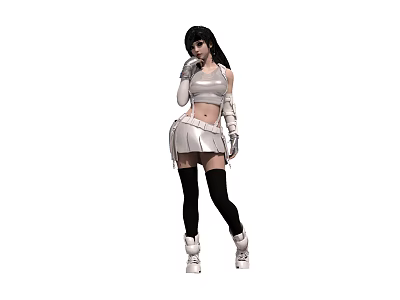 Long Black Haired Woman Wearing White Crop Top Mini Skirt Black Stockings And White Boots 3d model