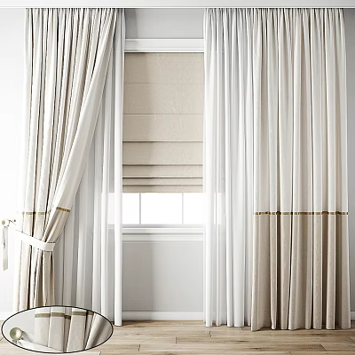 Beige And White Sheer Curtains With Drapes Tiebacks And Window Blinds In Interior 3d model