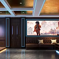 Luxury KTV Room Interior With Textured Walls Brown Leather Sofa And Blue LED Lighting