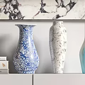 Stylish Vases With Blue White Pattern Marble Texture Light Blue On Bookshelf Against Marble Backdrop