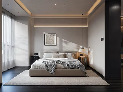 Modern Bedroom Interior Design With Beige Bedding Gray Blanket Wall Art And White Curtains 3d model