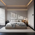 Modern Bedroom Interior Design With Beige Bedding Gray Blanket Wall Art And White Curtains