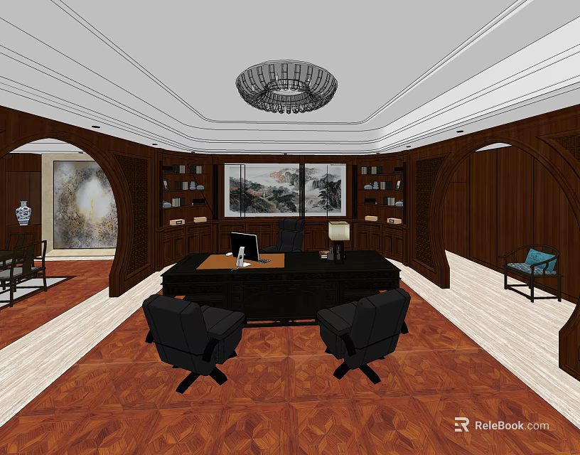 Elegant Office Interior With Wooden Paneling Large Desk Black Office Chairs Chandelier And Decorative Painting 3d model 