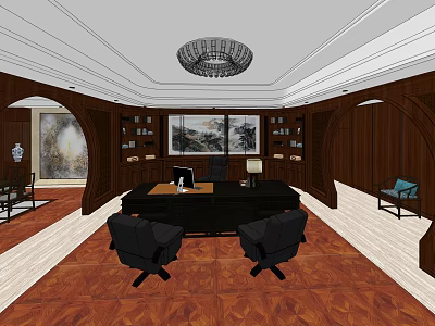 Elegant Office Interior With Wooden Paneling Large Desk Black Office Chairs Chandelier And Decorative Painting 3d model