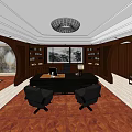 Elegant Office Interior With Wooden Paneling Large Desk Black Office Chairs Chandelier And Decorative Painting