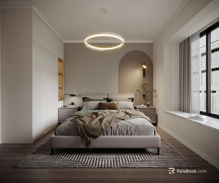 Modern Minimalist Bedroom Interior Design With Circular Ceiling Light Bedside Tables Soft Bedding And Rug 3d model 