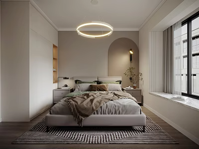 Modern Minimalist Bedroom Interior Design With Circular Ceiling Light Bedside Tables Soft Bedding And Rug 3d model