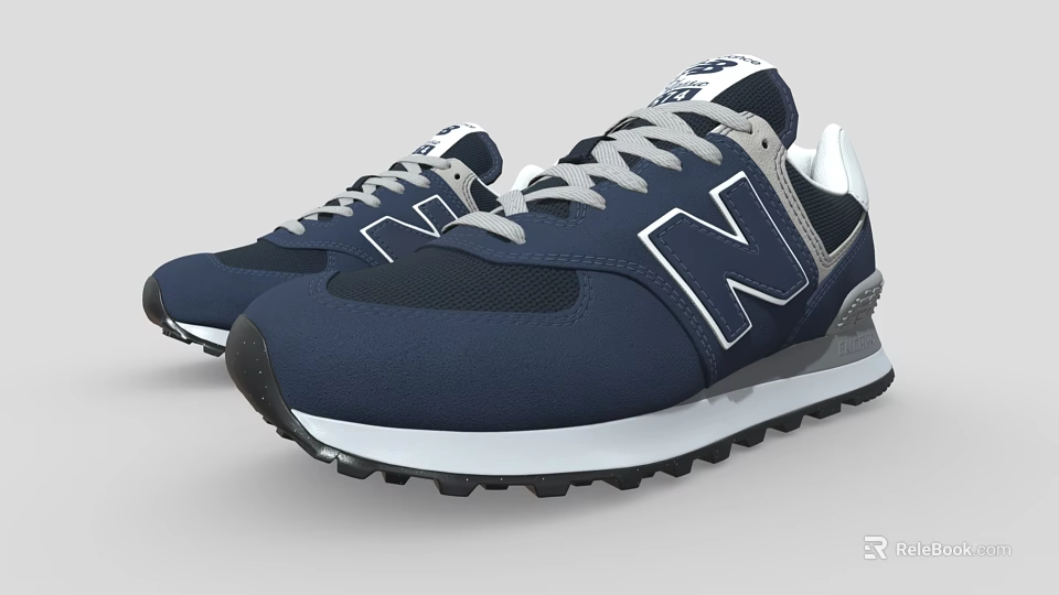 Navy Blue New Balance Retro Running Shoes With White Logo Gray Laces And Textured Sole 3d model 