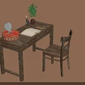 Wooden Desk and Chair With Open Notebook Pen Red Box Potted Plant and Mirror