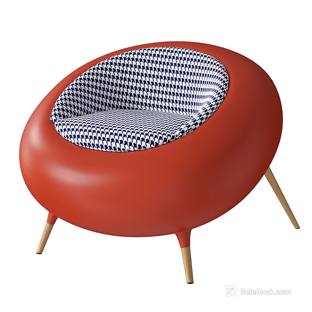 Red Round Accent Chair With Blue White Checkered Cushion And Gold Tapered Legs Design 3d model 