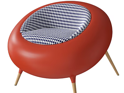 Red Round Accent Chair With Blue White Checkered Cushion And Gold Tapered Legs Design 3d model