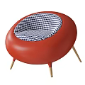 Red Round Accent Chair With Blue White Checkered Cushion And Gold Tapered Legs Design