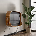 Stylish Wooden Frame TV In Modern Living Room With Green Indoor Plant