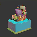Colorful Toy Ship Model With Decorative Sail And Blue Wave Base