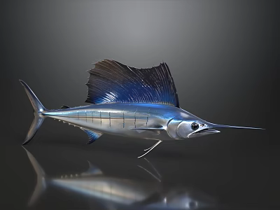 Silver Blue Swordfish Decor With Large Dorsal Fin And Black Background Reflection 3d model