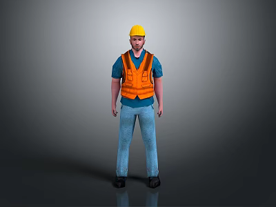 A Man Wearing Yellow Hard Hat Orange Vest Blue Shirt And Blue Pants Standing 3d model